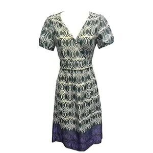 Banana Republic Women's White/Black/Purple Poly Print Short Sleeve Wrap Dress